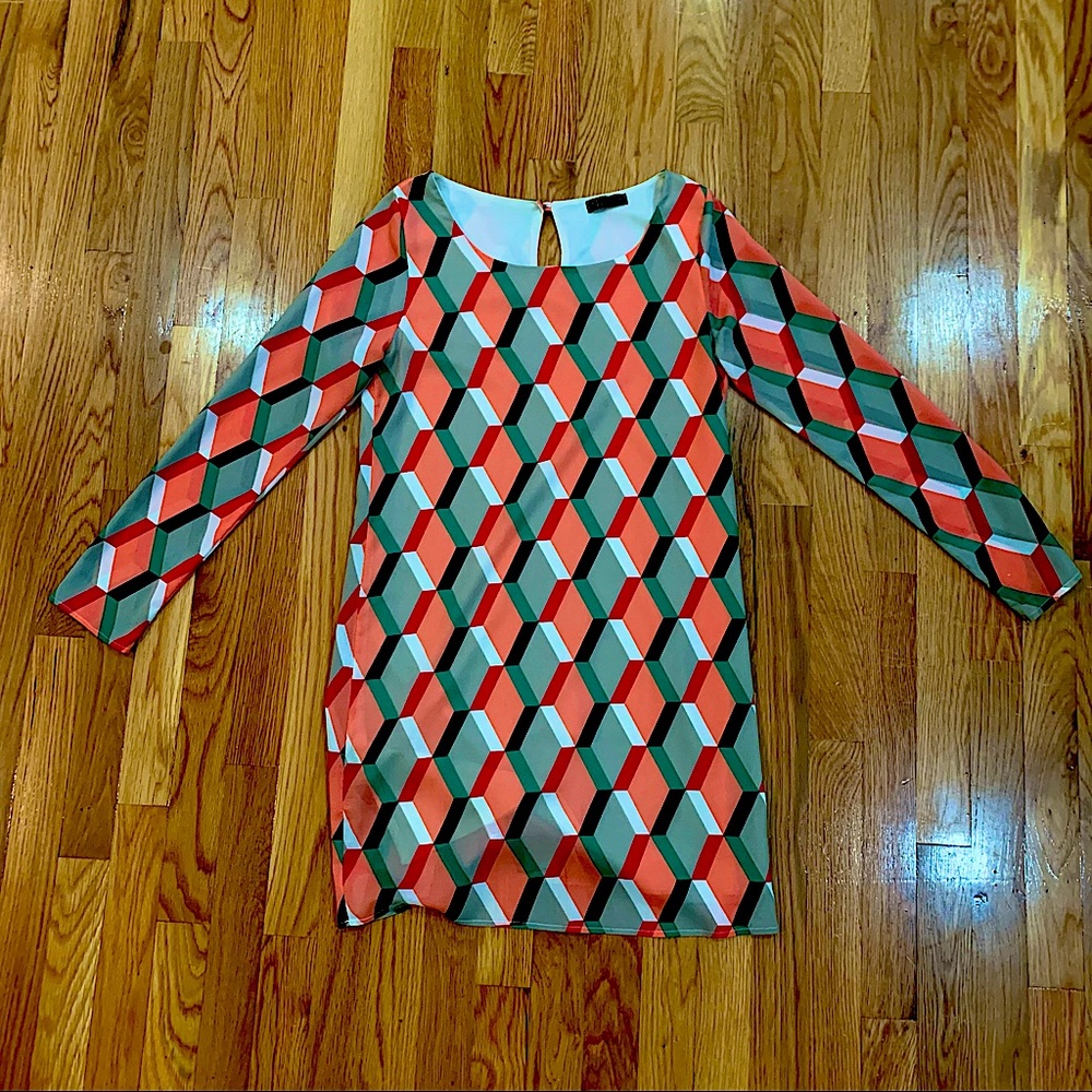 Pink and green geometric print shift dress size small